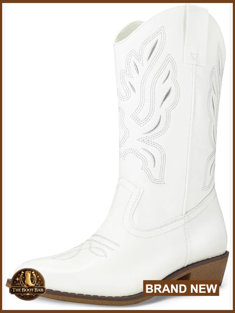 Women's Wide Calf Cowboy Boots Pull-On Mid-Calf Embroidered Pointed Toe Western